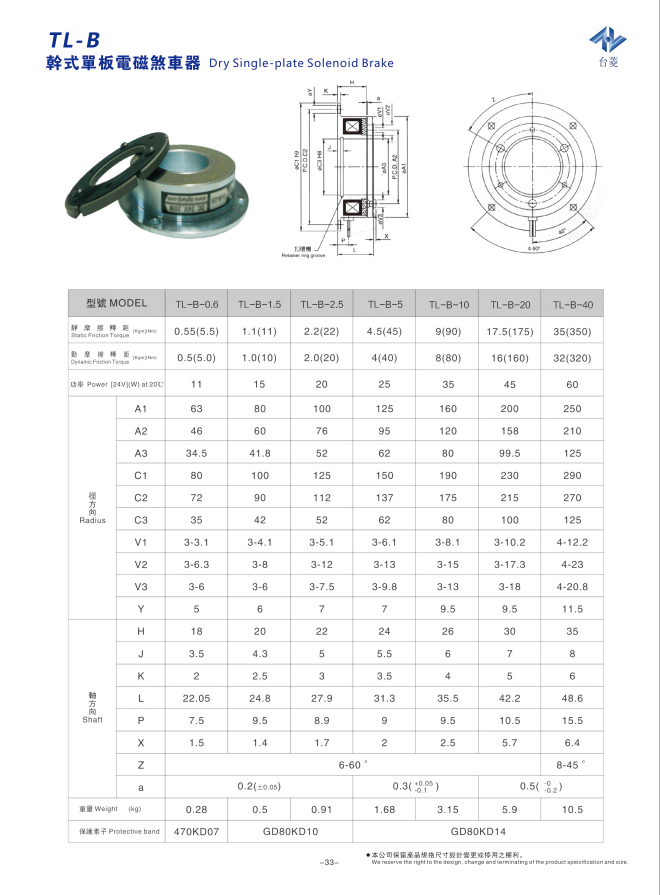 TL-B型干式單板電磁剎車器型號規(guī)格尺寸參數(shù)表